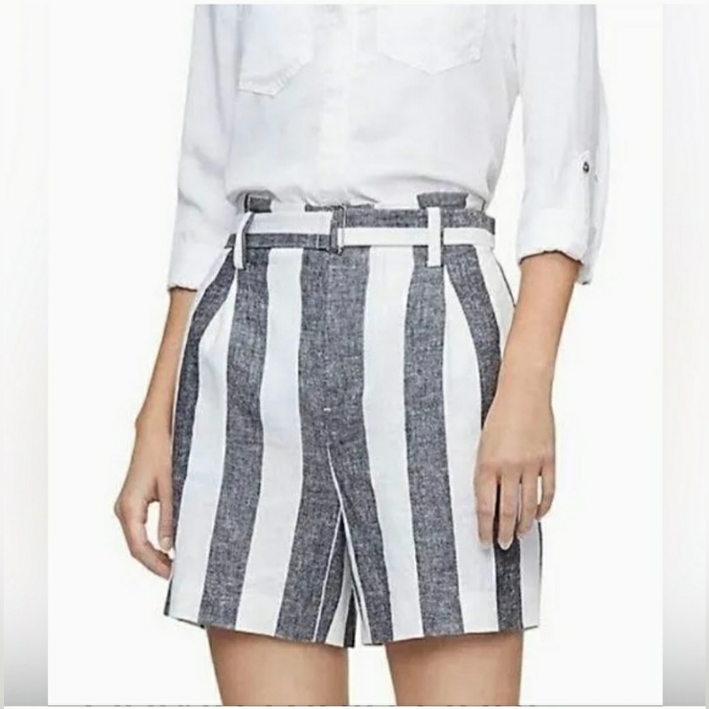 Calvin Klein Linen Blend Shorts High Waist Striped Belted Grey White Size 0
